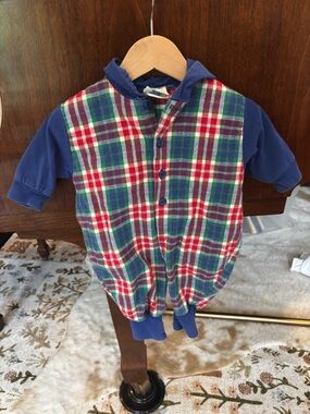 Vintage OshKosh B'gosh Blue Plaid Hooded Romper